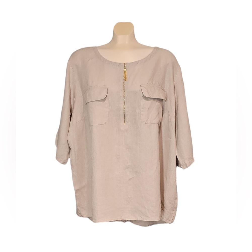 💚 Ellen Tracey Linen Blouse, Beige with Gold Zipper, Size 3X
